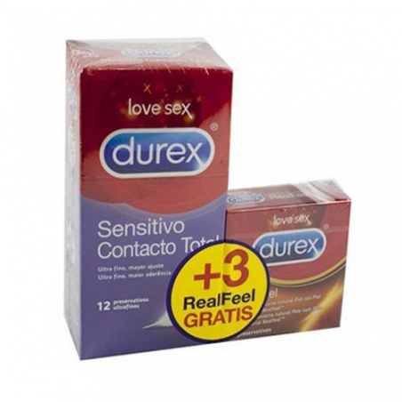 DUREX SENSITIVO CONTACTO TOTAL+ DUREX REAL FEEL PROMOCION 12 U + 3 U